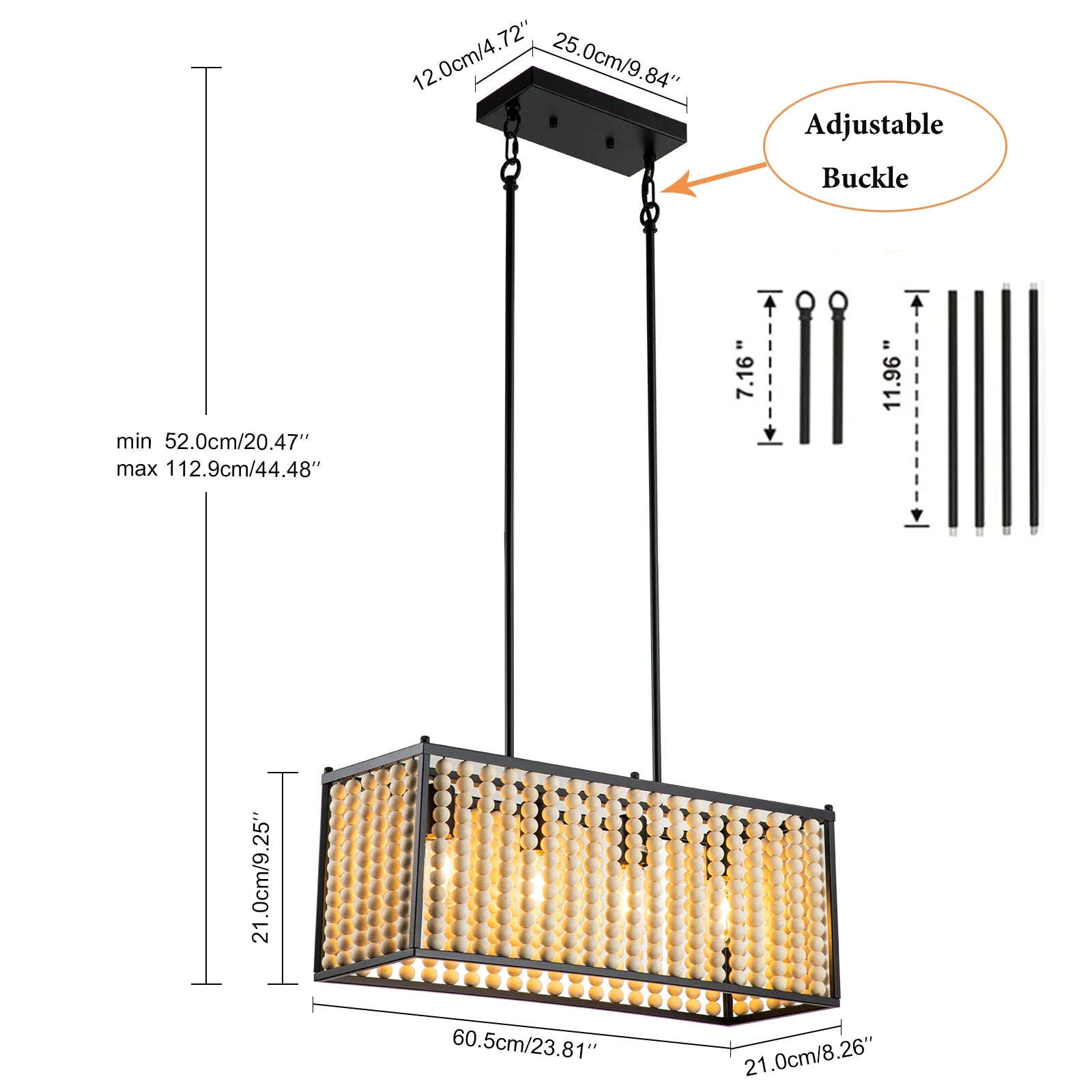 23’’ boho chandelier with handmade wood beads - adjustable 4-light farmhouse pendant for dining room - beige / 31-40w