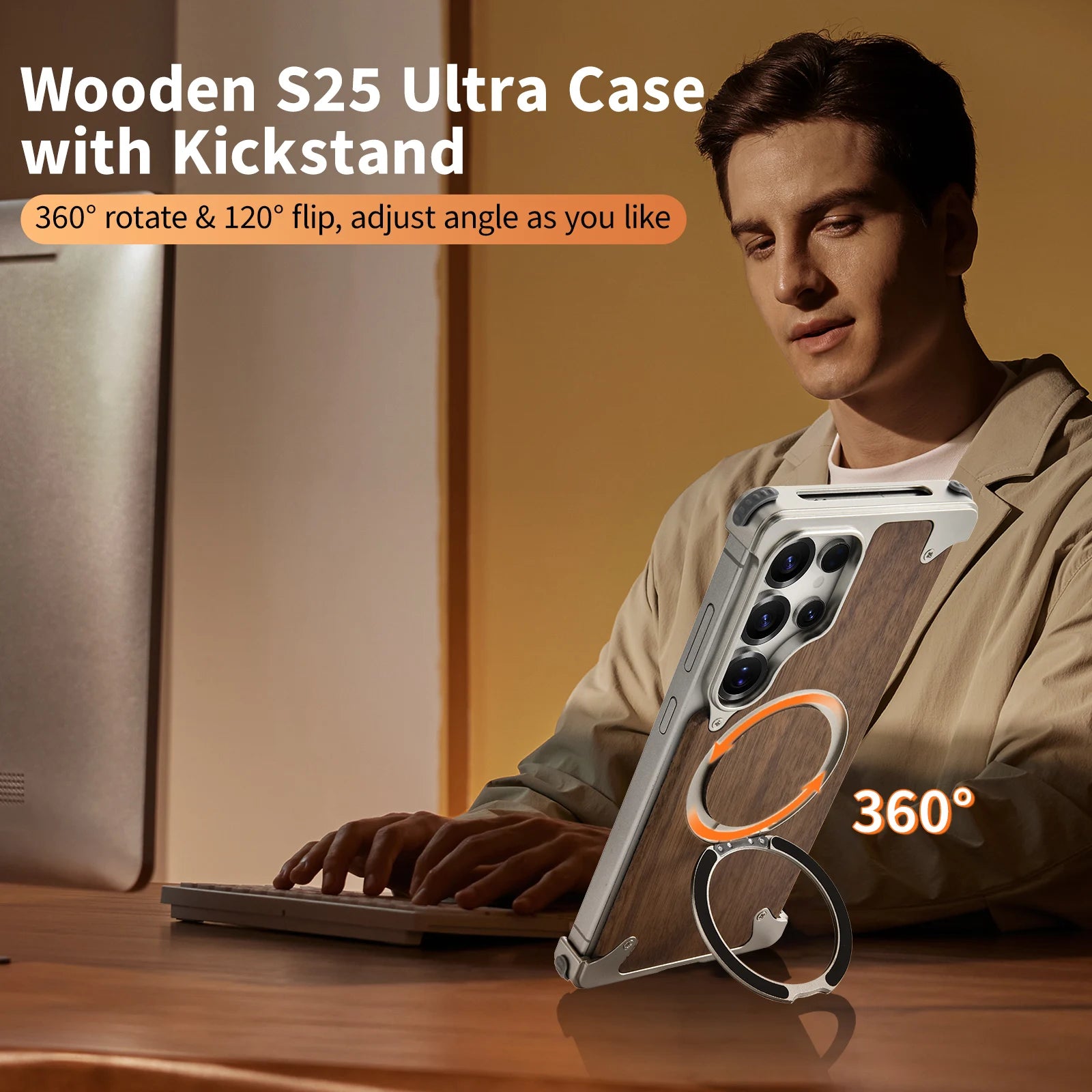 Oatsbasf wood phone case for samsung galaxy s25 s24 ultra with stand 360° rotatable magsafe bumper bezel-less