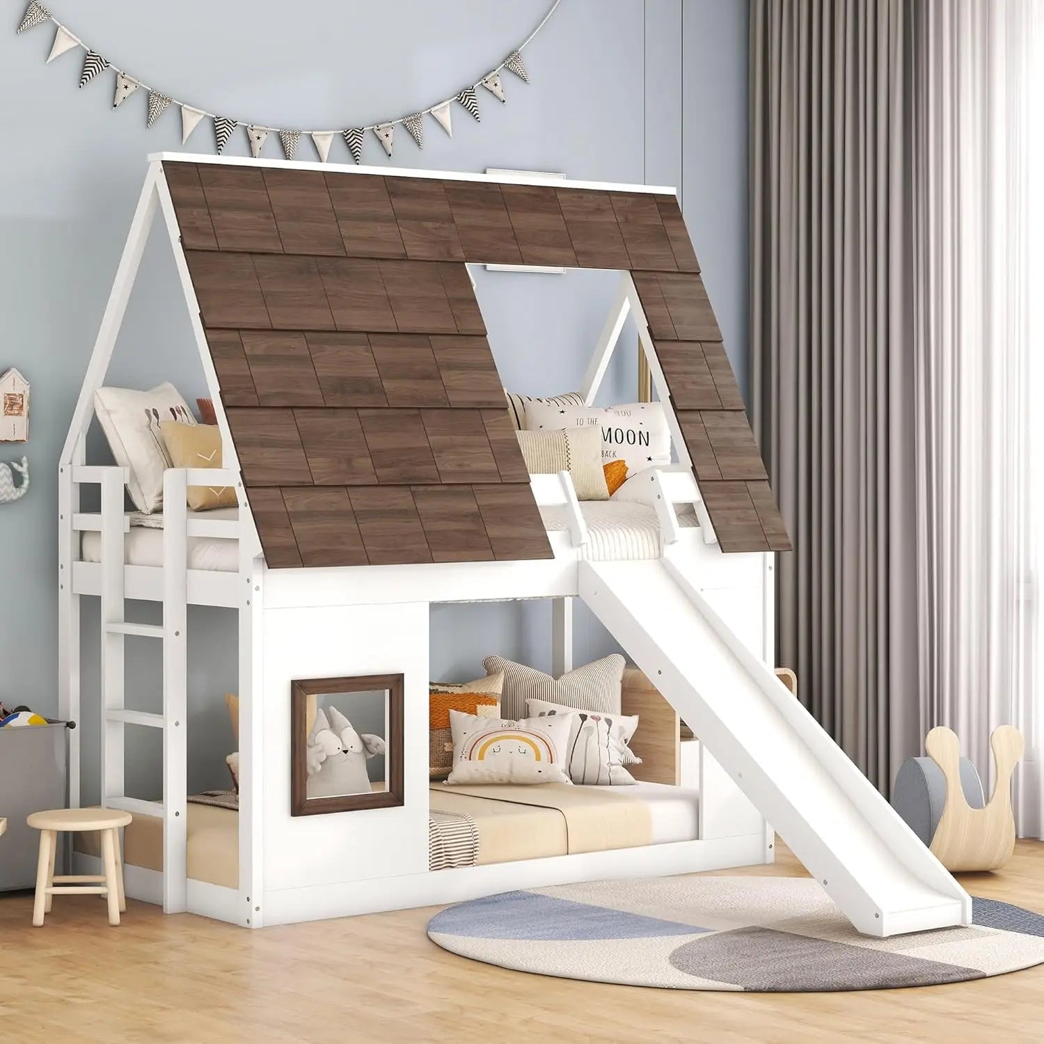 Twin over house bunk bed frame with roof,window,ladder and slide for boys girls white & brown home kitchen - united