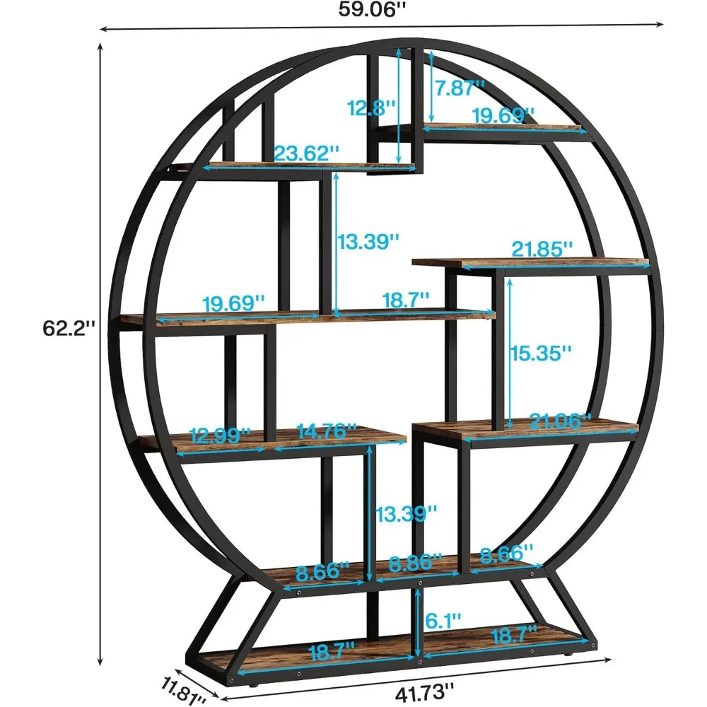 Bookshelf round bookshelves etagere bookcase 63 inch industrial wood book shelf with staggered shelves rustic open