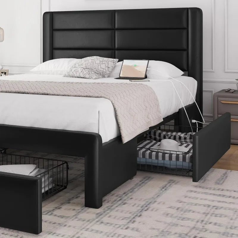 Queen size bed frame with headboard/2 usb charging station/port for type a&type c/3 storage drawers/solid wood slat su