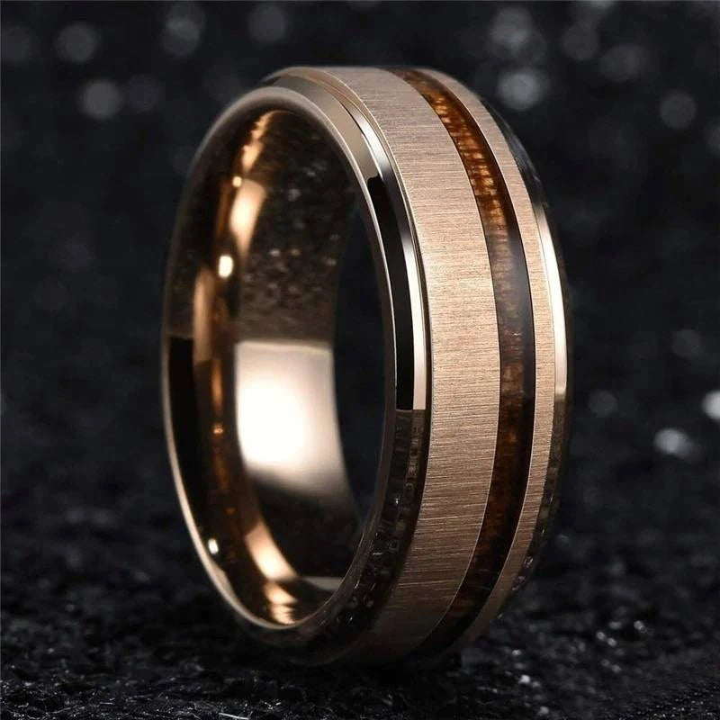 Fashion 8mm men stainless steel ring rose gold color brushed wood inlay rings for women wedding band jewelry birthday