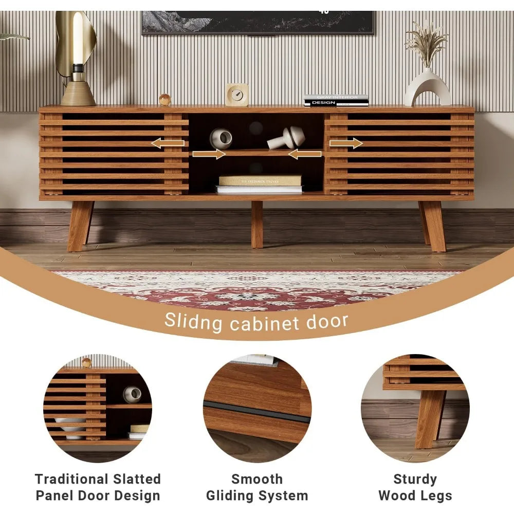 Mid-century modern tv stand for 55-65 inch tvs entertainment center with sliding doors and storage shelves media consol