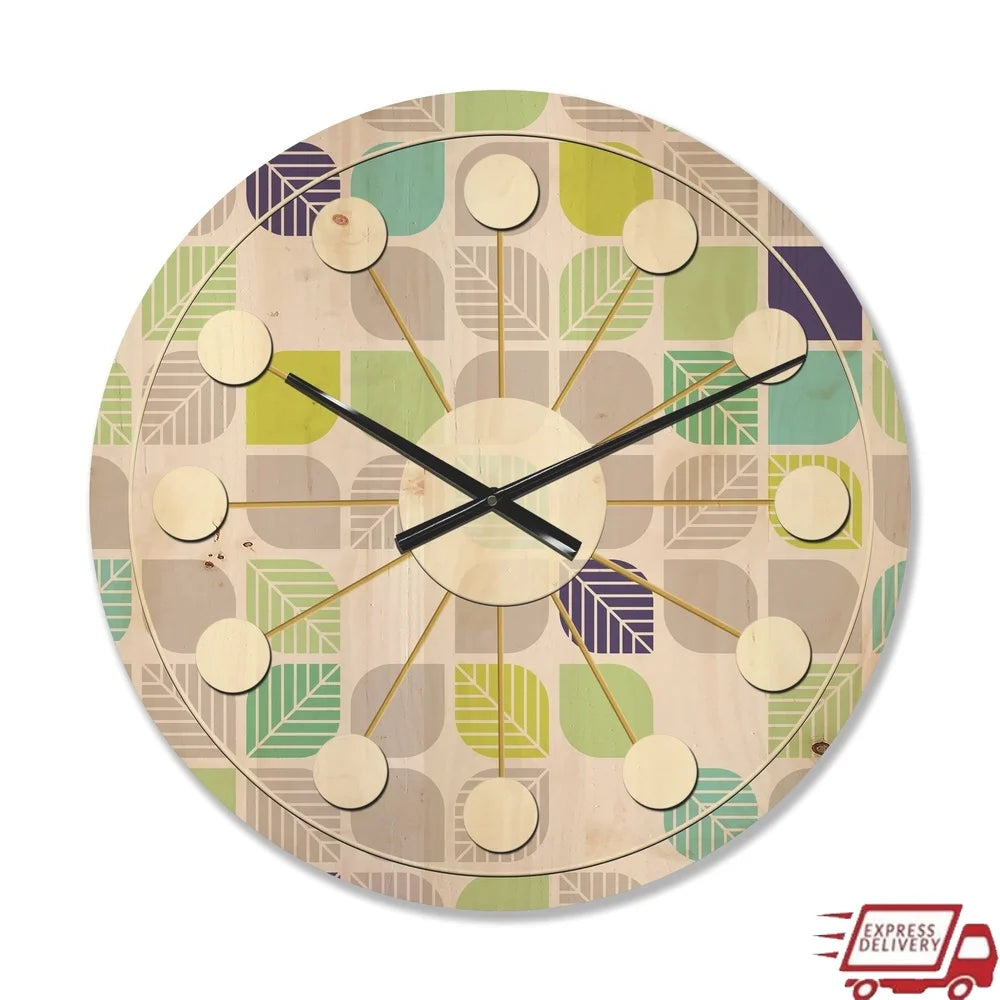 mid-century-modern-wood-wall-clock-geometric-pattern-natural-pine-art-ready-to-hang-unique-home-decor-with-battery-included