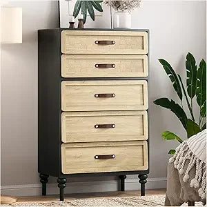 Dresser for bedroom with 5 drawers,mid century modern storage,tall chest of drawers metal handles,large - united states