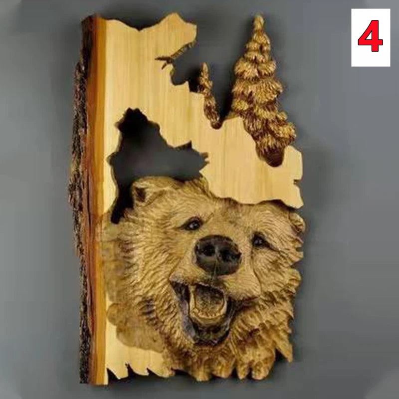 Animal carving handcraft wall hanging sculpture wooden raccoon bear deer fox wolf hand drawn decoration home living
