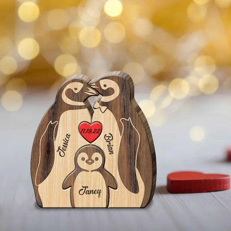 Penguin family puzzle christmas gifts personalized wooden custom engraving names sculpture home holiday decor for mom