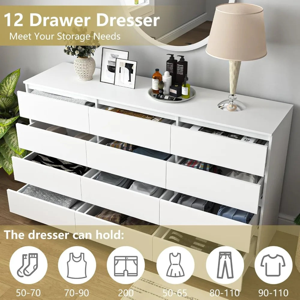 White dresser for bedroom,modern long 12 drawer with deep drawer,wood storage chest of bedroom organizer - white