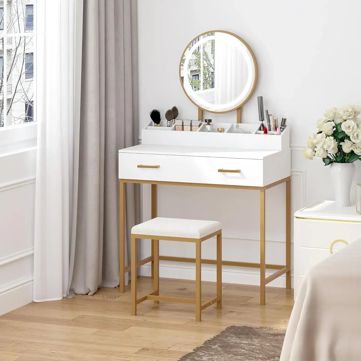 Makeup vanity desk with mirror and lights set drawers small table cushioned stool - united states