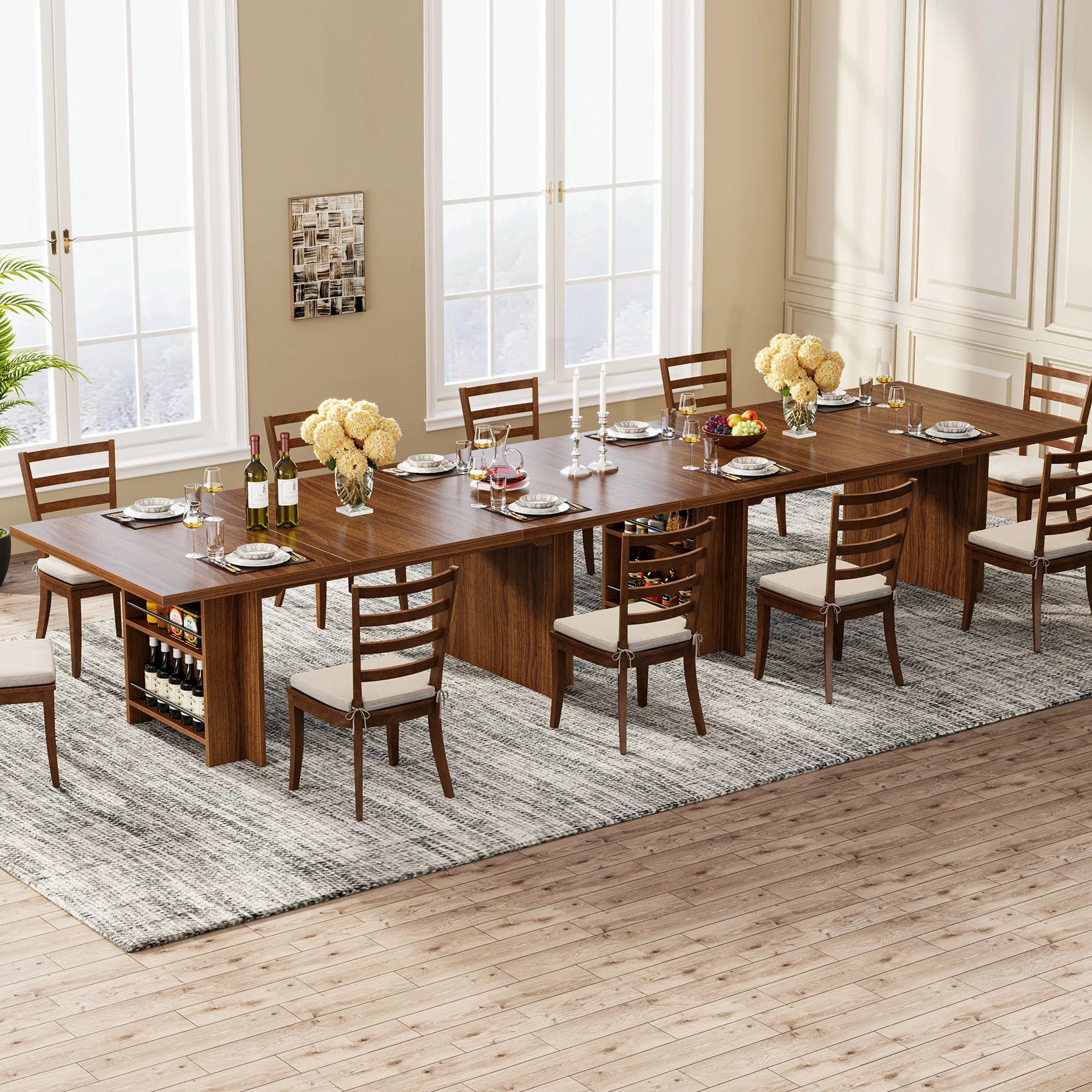 Tribesigns dining table for 6 to 8 63-inch rectangular wooden kitchen with storage industrial dinner shelves - brown