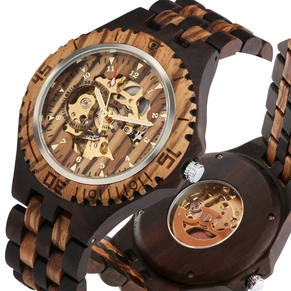 New full wooden automatic men watches gold analog arabic numerals display wood bracelet wristband self-winding male