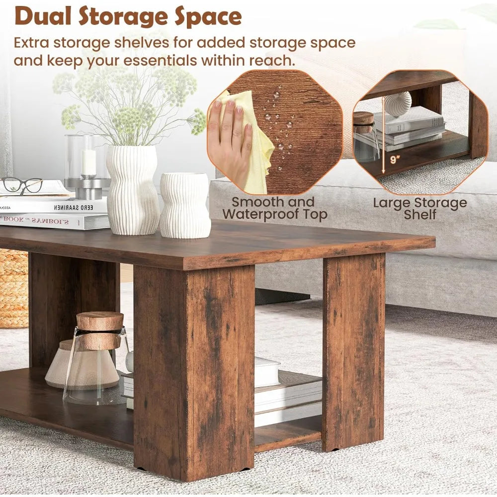 Rectangle wood center table 41’’ l 2-tier large modern tea w/open compartment easy assembly accent coffee