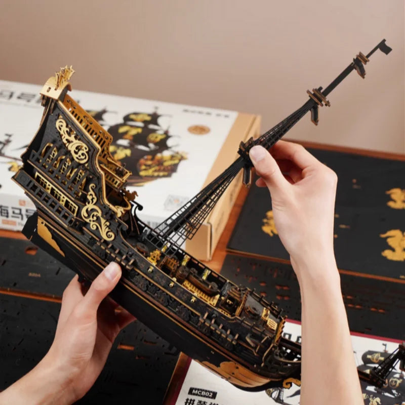 Robotime rokr wooden seahouse barque model kit 3d puzzle build home desk decoration gift for teens and adults