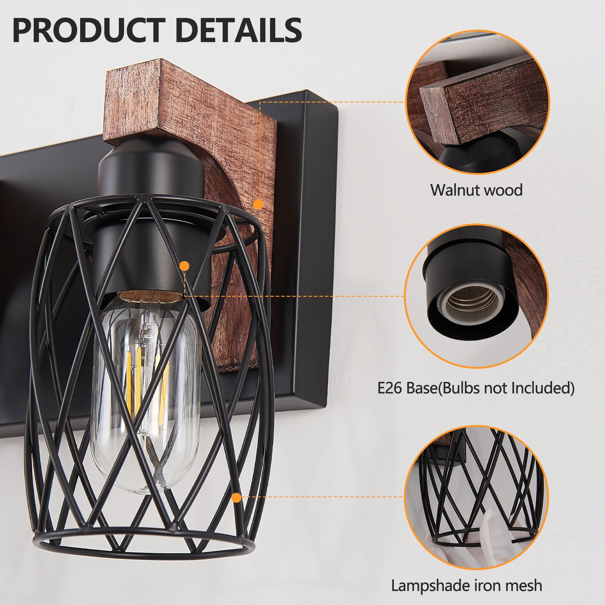 38’’ industrial vintage 6-light wall sconce - black cage lighting fixture with wooden accents - united states / 100-300w