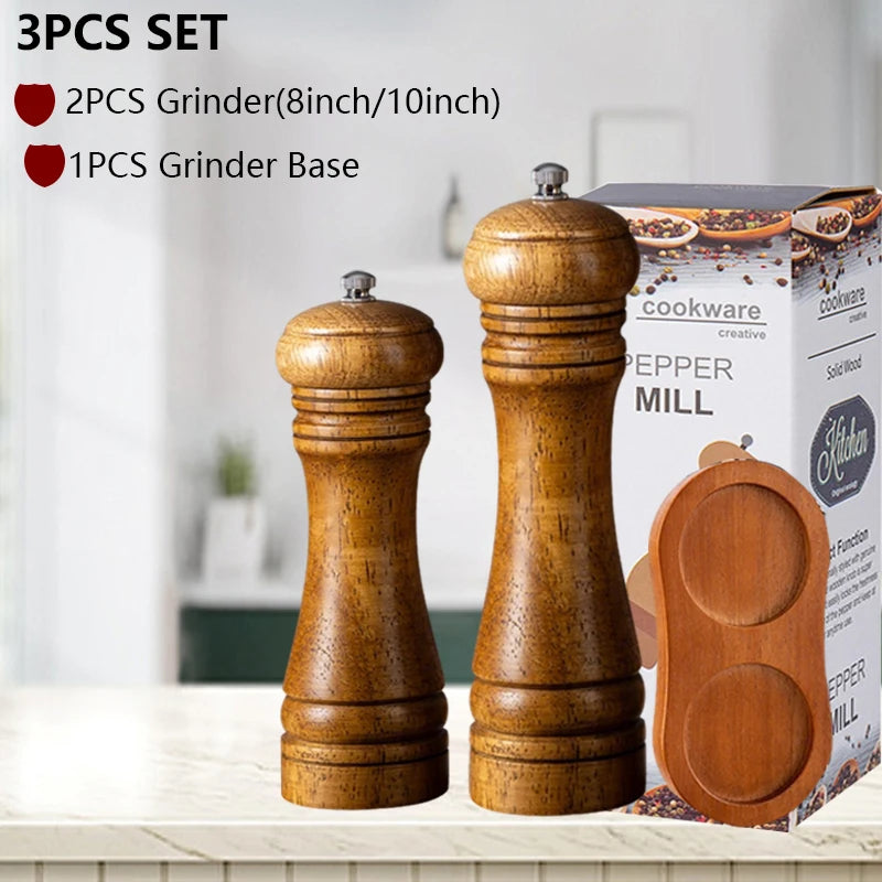 Wxcoo wood salt and pepper grinder cooking spice shakers mills grinding bottle with base kitchen accessories - 3pcsba2a3