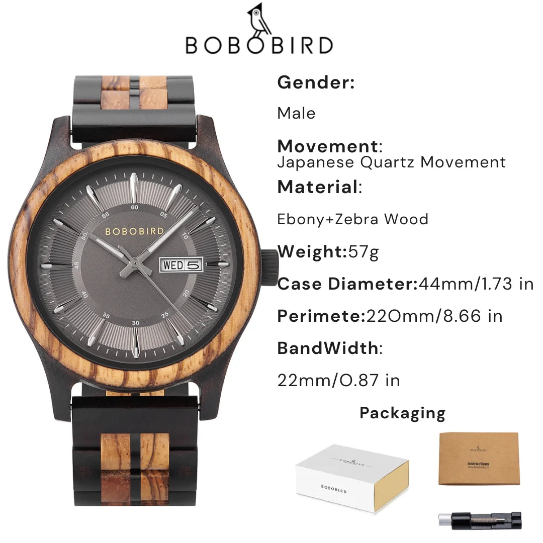 Bobo bird men’s wooden watch with blue dial – natural handmade wood wristwatch date display anniversary gift in box