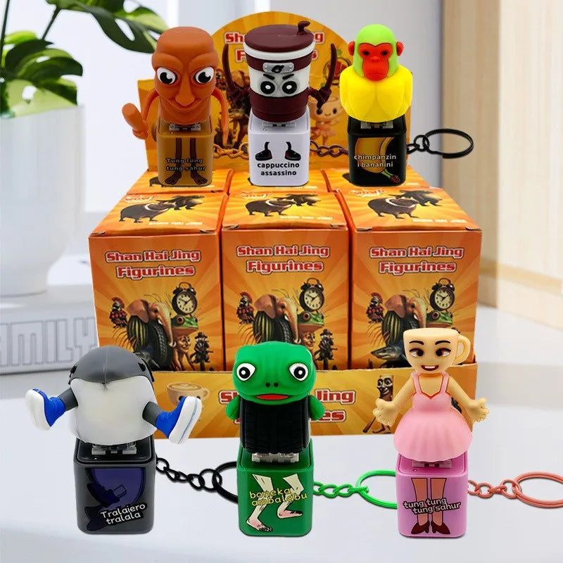 New shark tralalero tralala tungtungtung wooden stick man button keychain with luminous pendant - anime peripheral