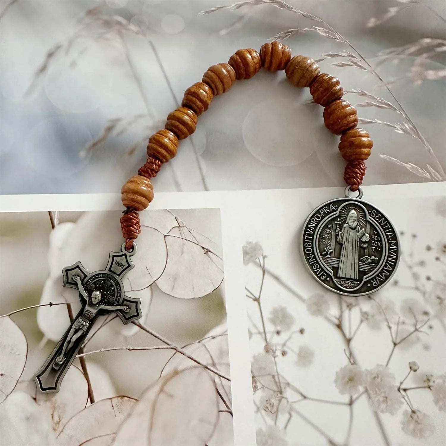 Saint benedict medal prayer pocket rosary catholic brown wood beads with medalla de san benitol and crucifix 9