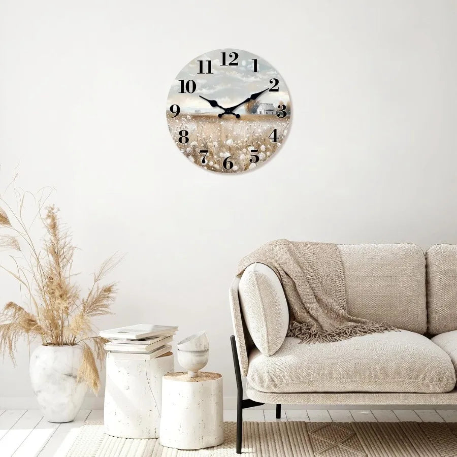 Farmhoe wall clock battery operated 10 inch silent nonticking wooden clocks country flower field for kitchen living