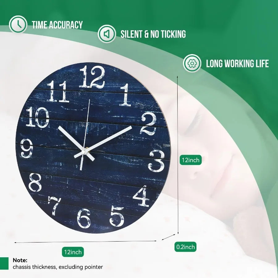 Wall clock 12 inch imitation wood silent nonticking indoor round blue decor rtic minimalist battery operated c - united