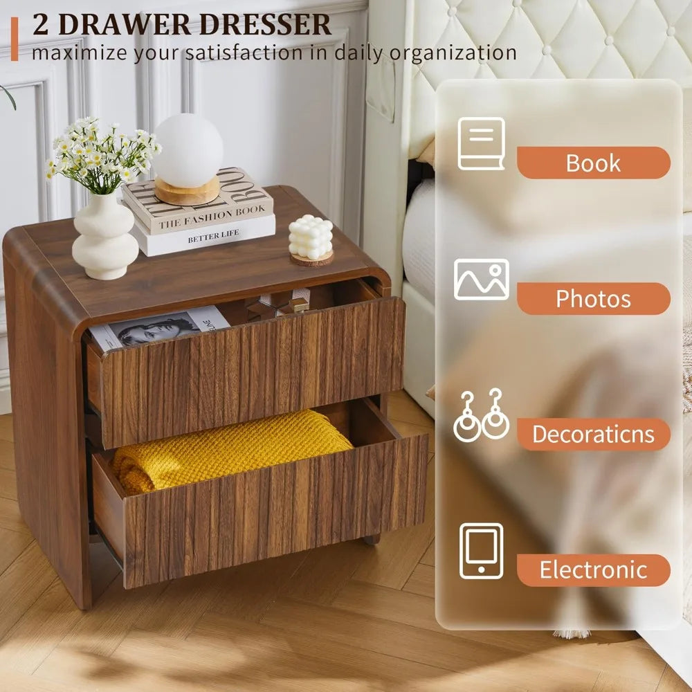 Flute 2 drawer dresser,mid century modern small nightstand with for bedroom wood side table curved profile - 15.8 d x