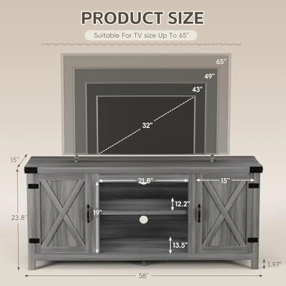 Tv stand with two barn doors and storage cabinets for televisions up to 65+ inch,entertainment center console table