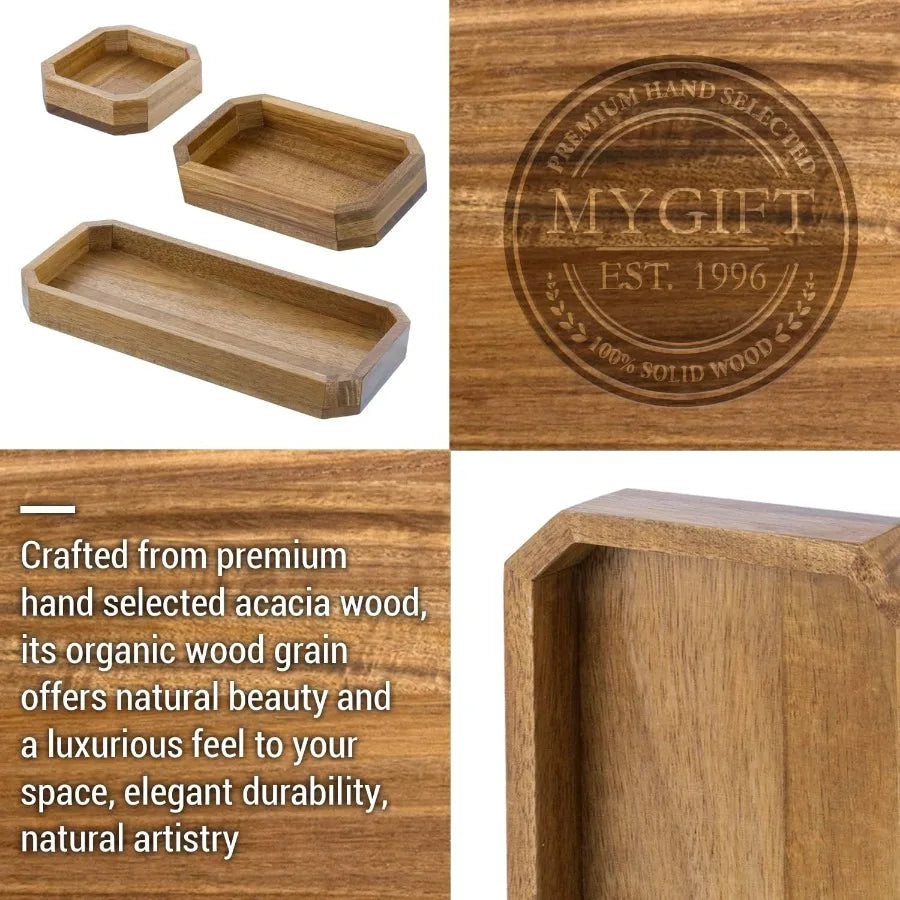 Premium solid acacia wood octagonal desk organizer trays for office and home use 3-piece set with elegant storage