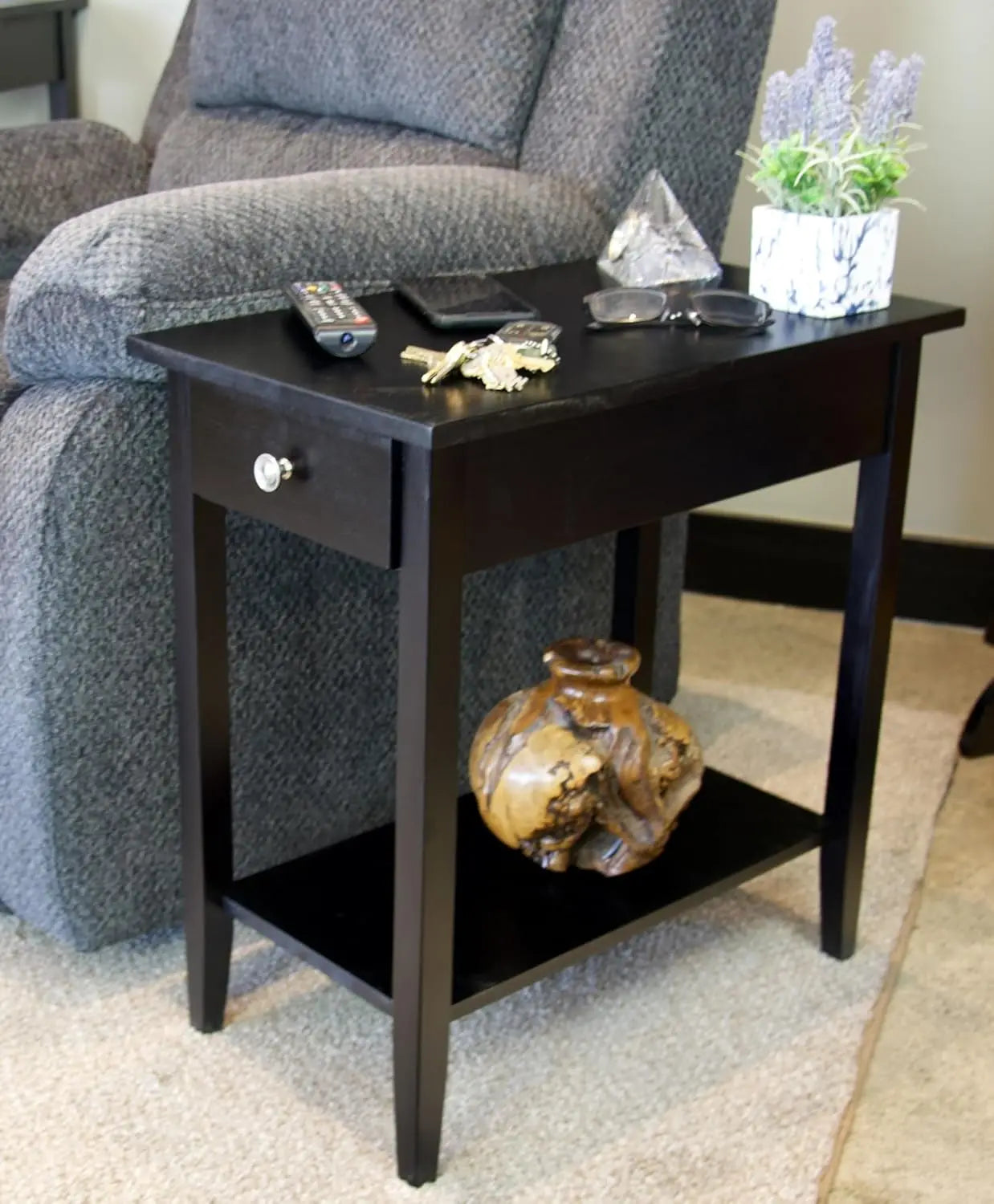 2-tier solid acacia recliner table w/drawer - black / united states