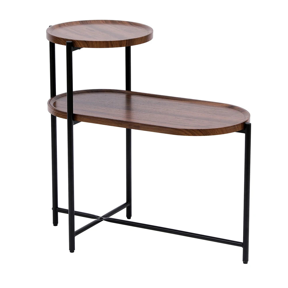 2-tier end table round and oval sofa side medical food tray overbed bedside for living room bedroom patio - brown