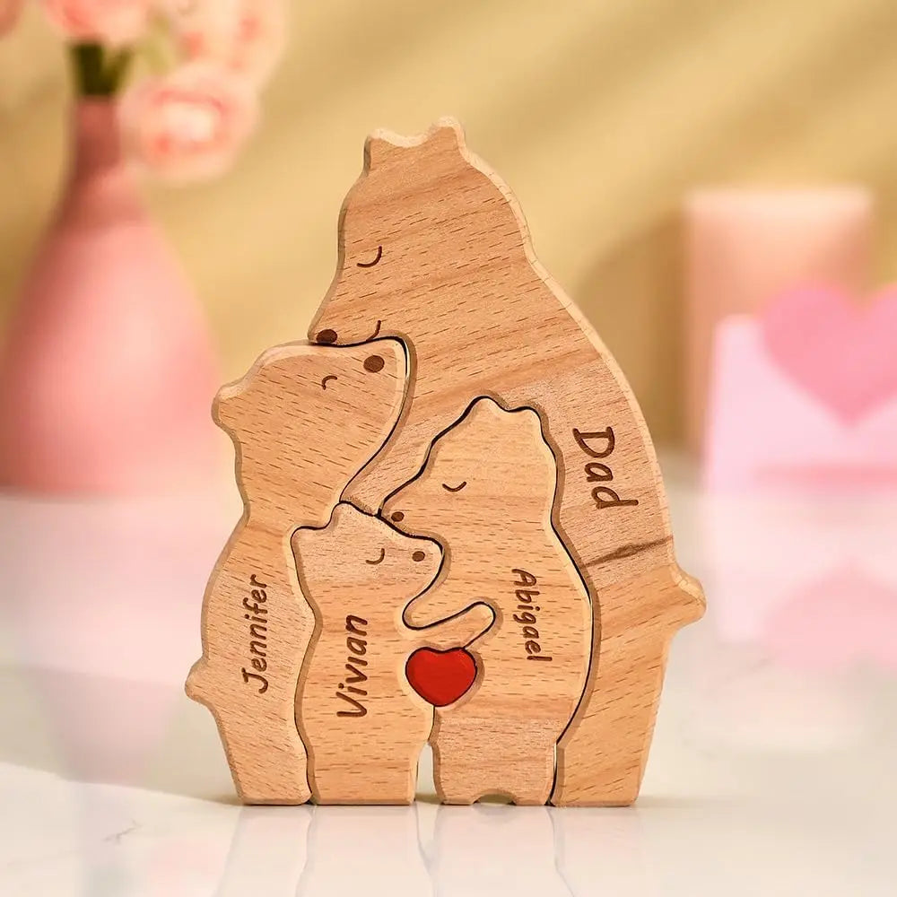 Name personalized custom mother’s birthday gift family names sculpture wood puzzle bear heart puzzles home decoration