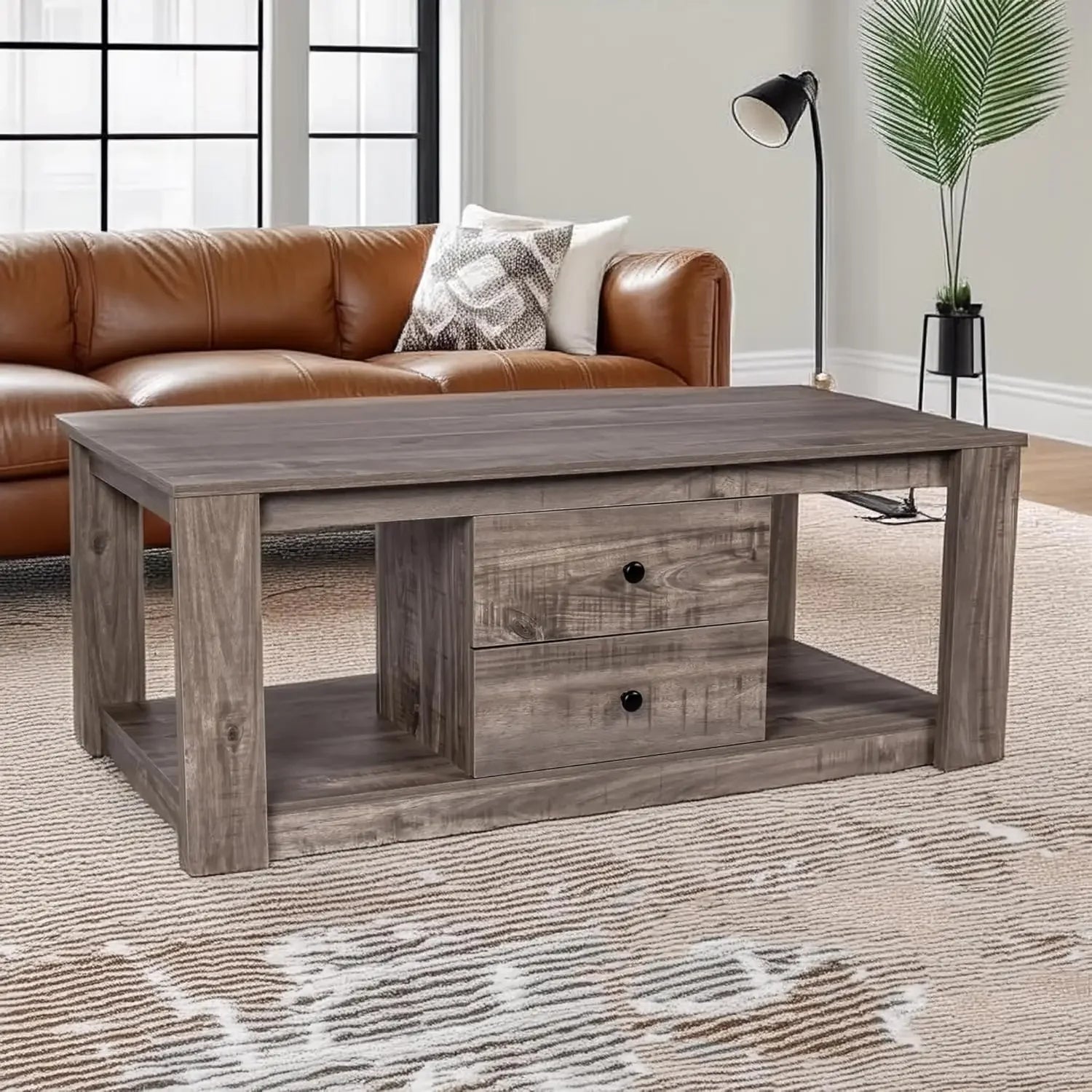 Coffee table,modern wooden rectangle tables with storage,2 drawer center table for living room - drifted gray / united