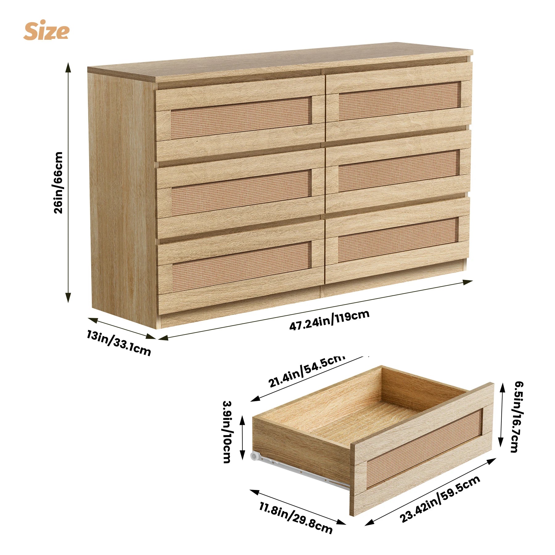 Rattan dresser for bedroom 6 drawer modern wide chest of drawers with anti-tip kit wood storage