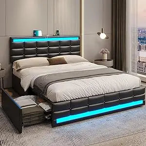 Adorneve queen bed frame with led lights leather platform storage drawers and charging station siz - pu black / united