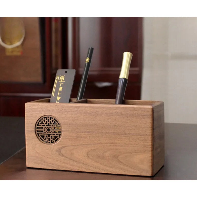 Graduation gift wooden pen holder chinese style hand carved desk organizer natural wood stationery storage
