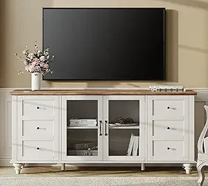 Glass door farmhouse tv stand for tvs up to 75 inch wood universal console table with 4 storage cabinets entertainment