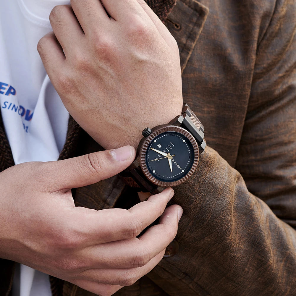 Men’s quartz watch simple fashion new couple wooden bobobird top brand timepieces week date display custom unique gift