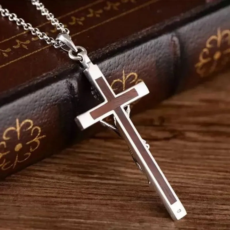 Bocai 100% s925 silver jewelry accessories retro sandalwood cross jesus pendant for men personalized and trendy