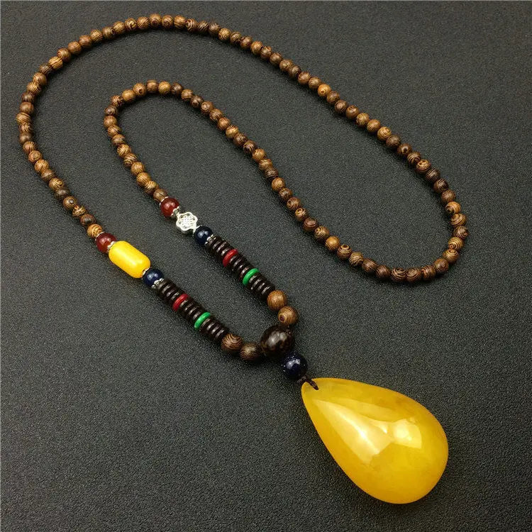 Chinese style minimalist wooden necklace long buddha bead sweater chain versatile personalized pendant men’s
