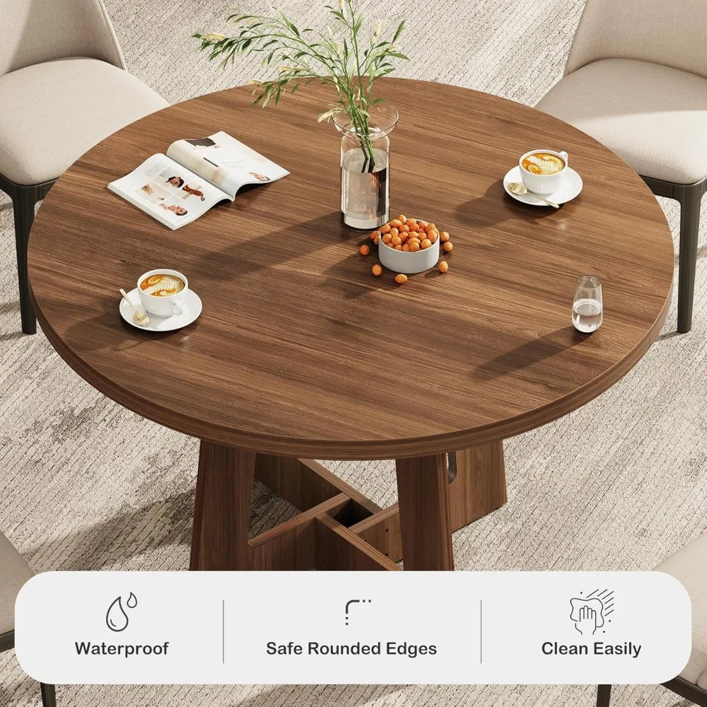 Wooden round dining table for 4 farmhouse style circle home and living room - united states / walnut brown