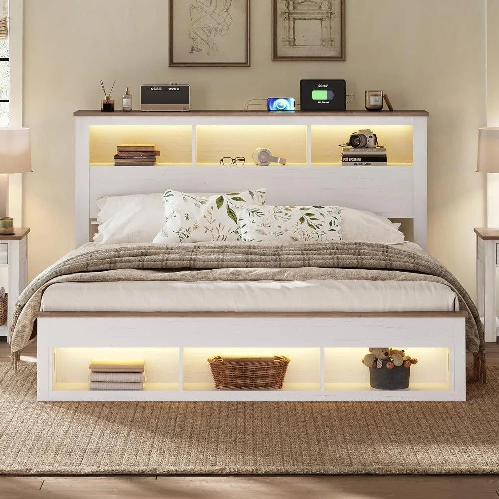 Albott farmhouse king size bed frame with storage bookcase headboard and footboard wood platform sl - white / united