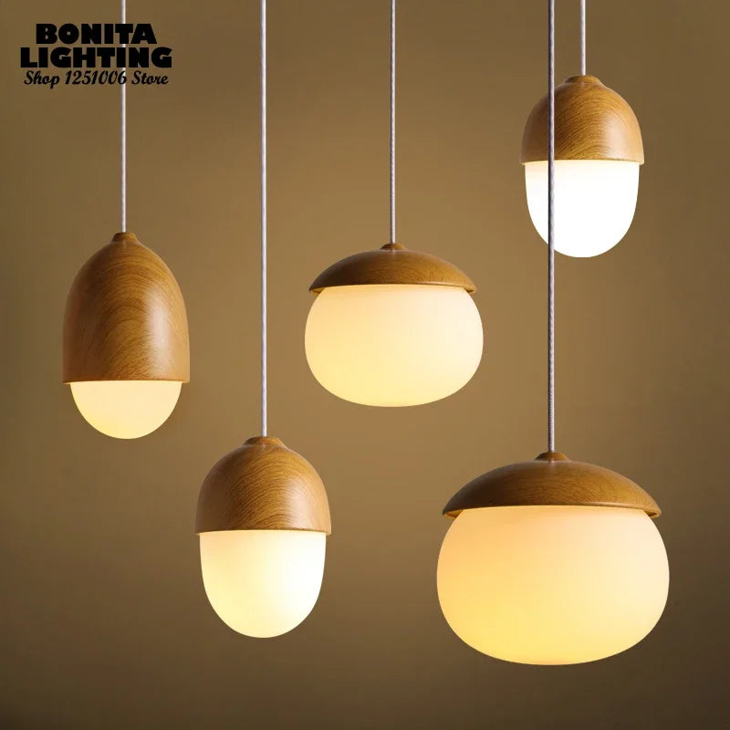 Nuts acorn small mushrooms chanderlier glass milky ball wood grain iron modern pendant lamp led pine cone light
