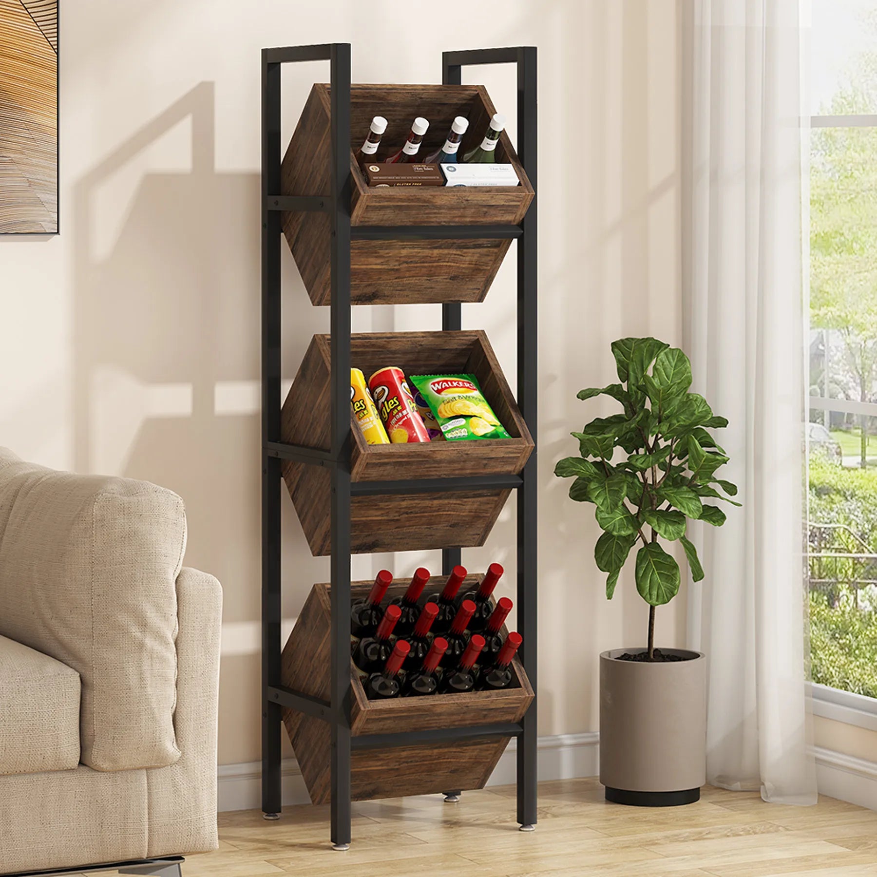 Tribesigns wine rack freestanding floor 3 tier wooden storage stand wobble-free holder display shelf - rustic brown