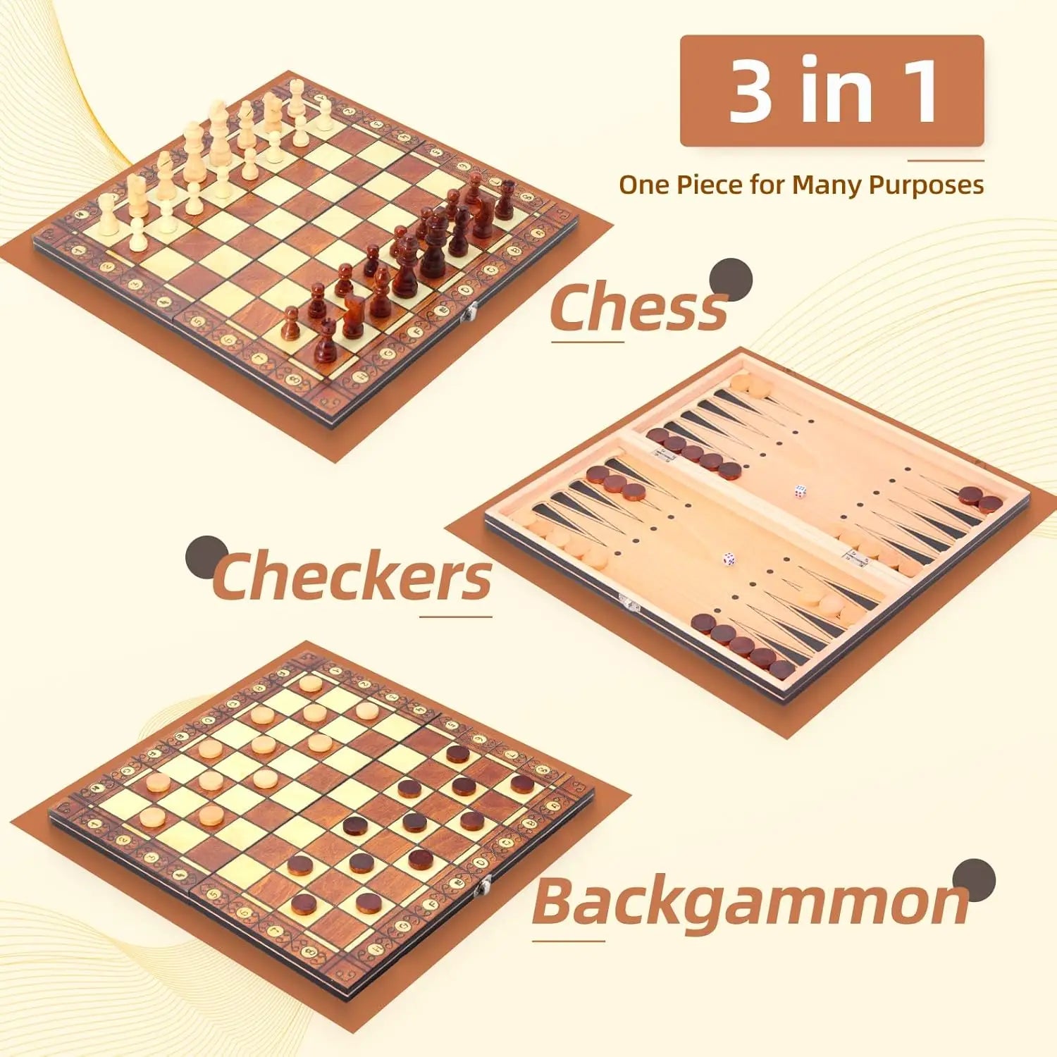 Chess magnetic backgammon checkers set foldable board game 3-in-1 road international folding choard draughts