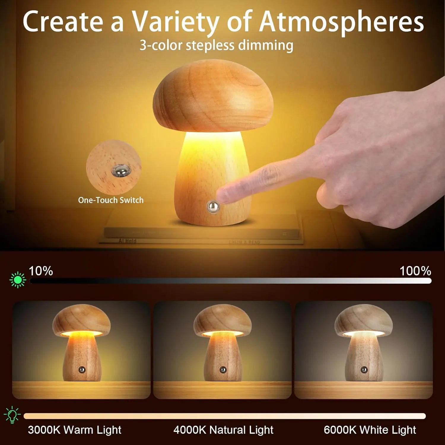 Wooden mushroom lamp portable cordless rechargeable battery operated lamp,stepless dimming night light for birthday