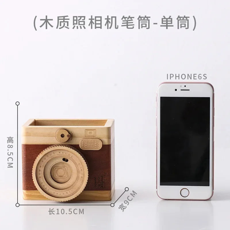 Pencil holder camera-shaped concise wood especial pen container for office - a18-short-10.5cm
