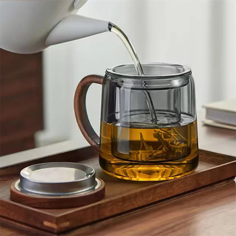 Tea water separation glass cup with walnut wooden handle chinese heat resistant puer filter cups kung fu set