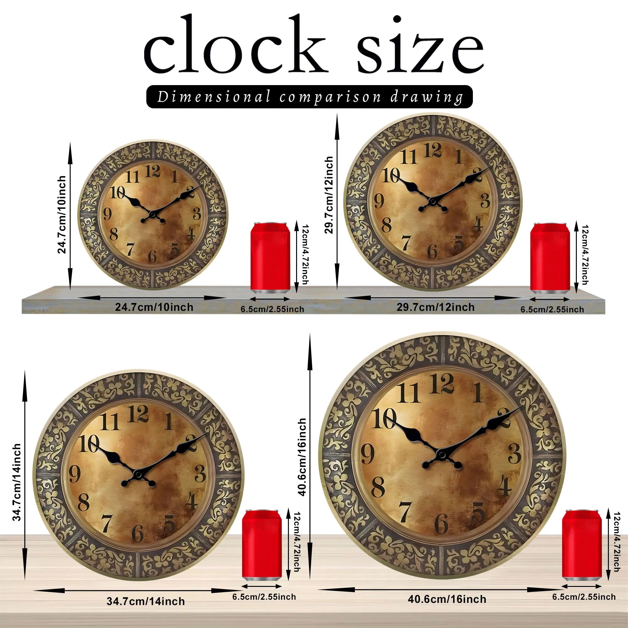 Wooden silent wall clock antique brass pattern design modern home decoration living room dining