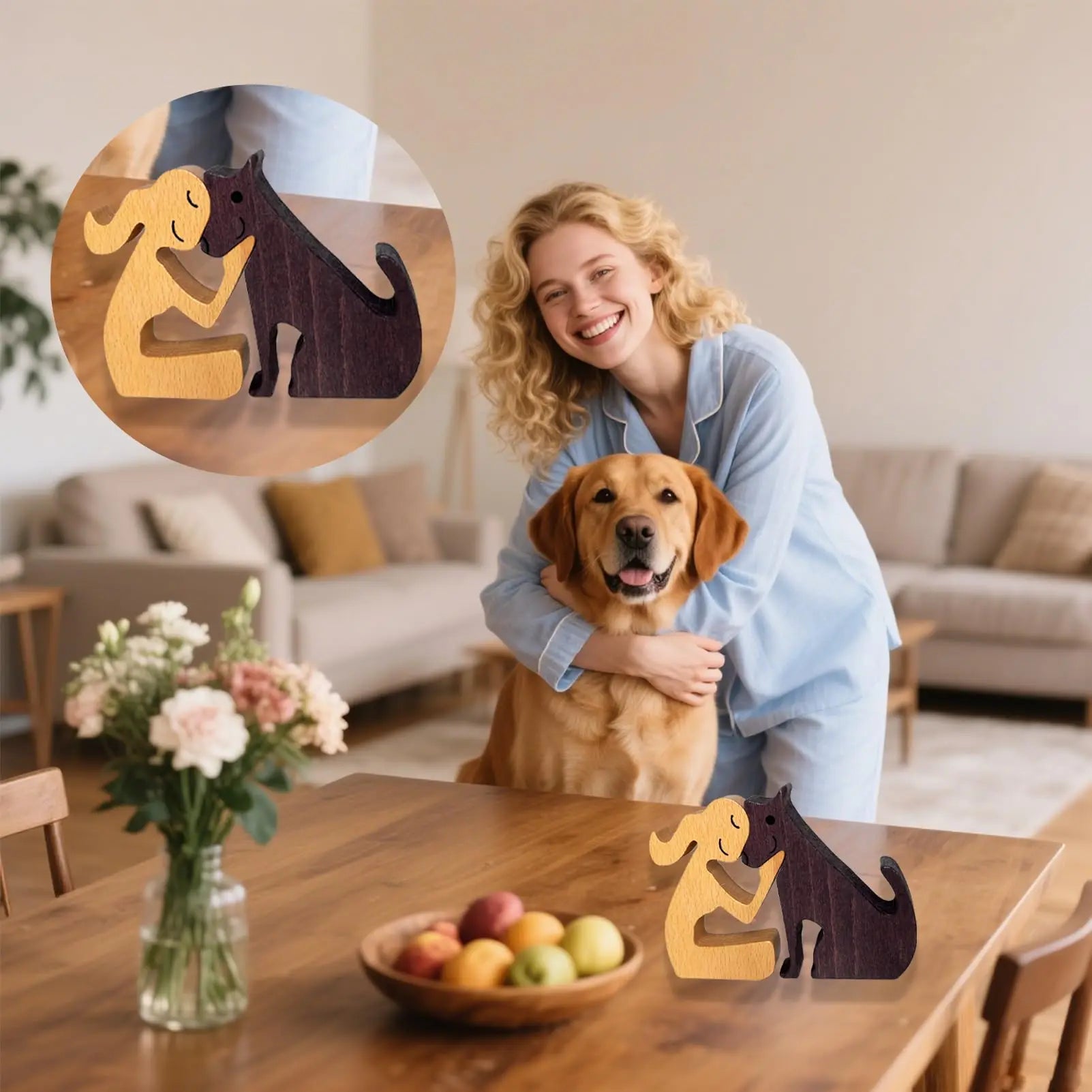 Wooden girl and dog statue hand carved wood figurines for pet lovers gift office desk decorations home accents shelf