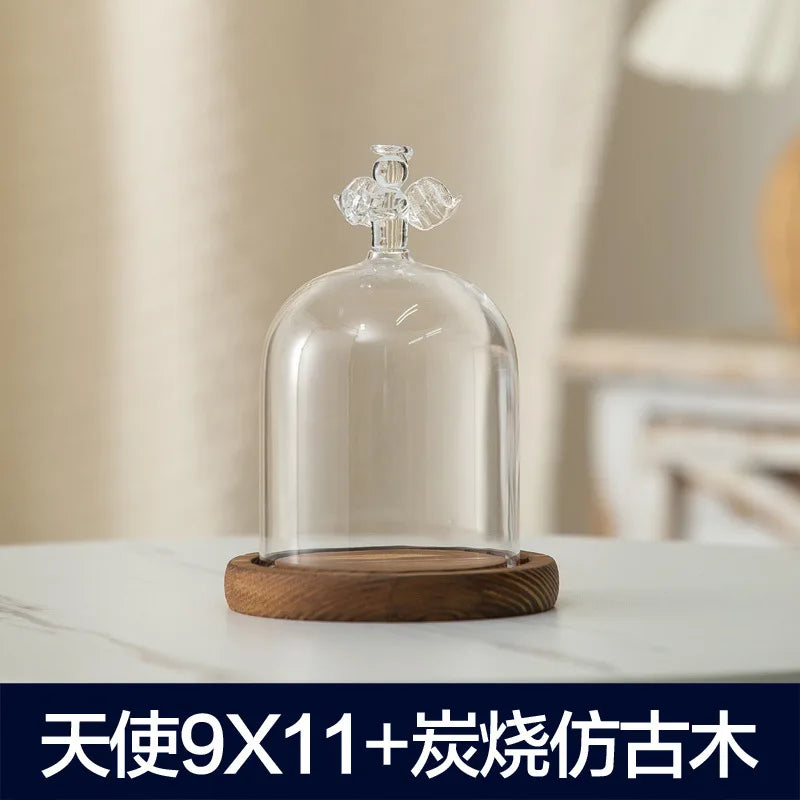 Aromatherapy candle holder ornaments dust-proof glass cover wooden base display box home decoration - angel 11cm