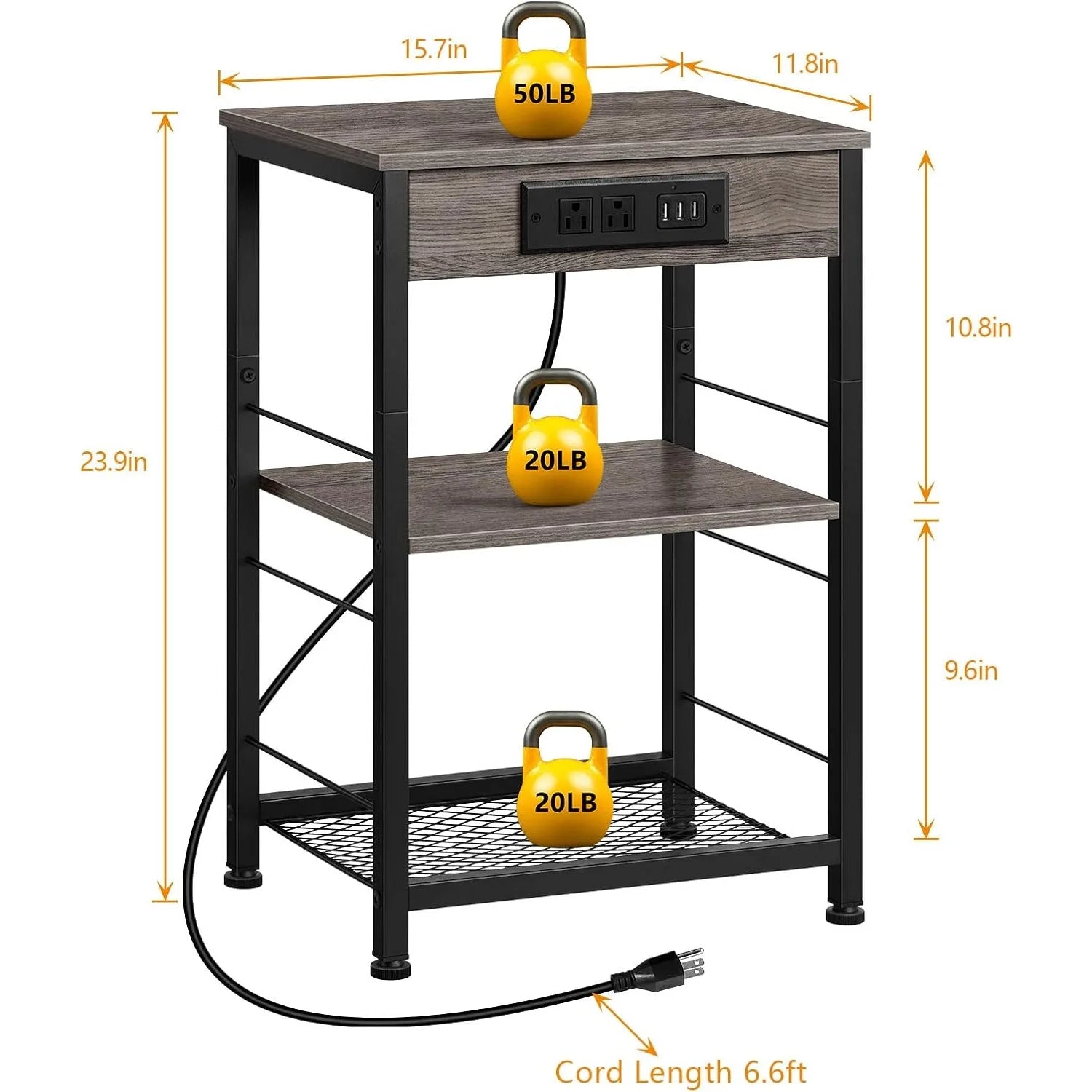 3-tier nightstand w/ charging station - 2 pcs grey bedside table usb ports & storage shelf for bedroom - united states